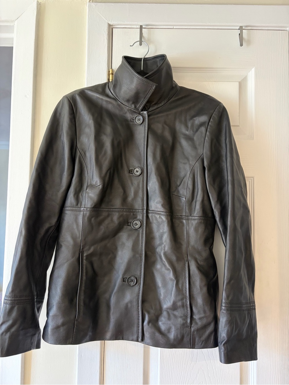 Women’s Genuine Black Leather Button-Front Jacket